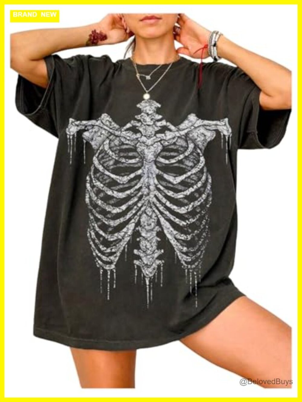 Oversized Grunge Graphic Tee Skeleton Print Short Sleeve Loose Fit Women's Top